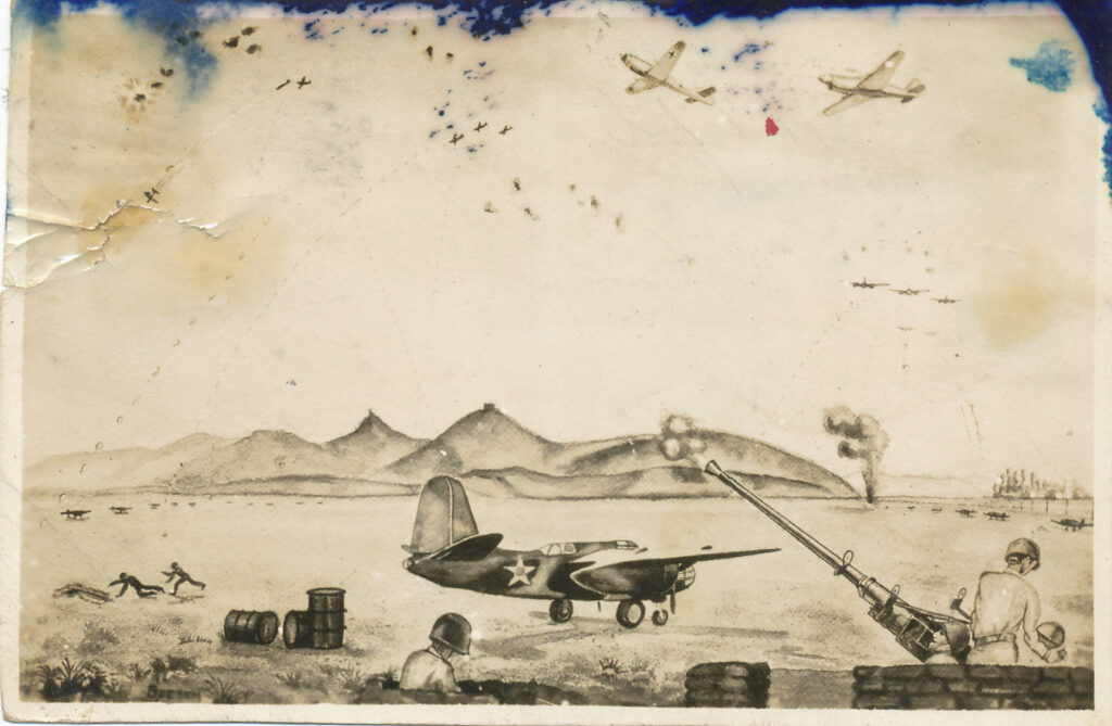 Don Beetem's drawing of German air raid at Thelepte